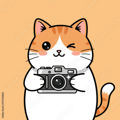 Cute cartoon cat photographer with vintage camera