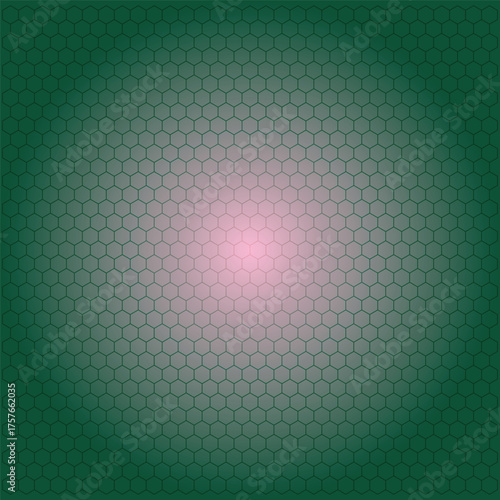 Abstract green hexagonal pattern background with a soft pink glow