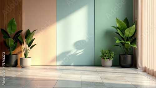 Interior with potted plants and pastel panels