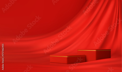 3D red podium stage with curtains and cube pedestals with golden frame, vector product display. Luxury premium red podium with velvet pedestal stage and curtain drapes for showcase background