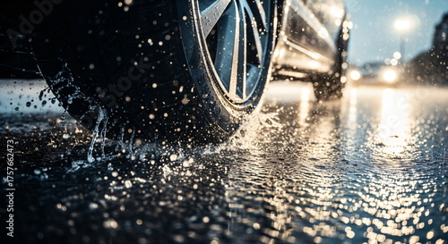 Car driving on a wet road during heavy rain, water splashing from the wheel. Danger on slippery highway, bad weather driving