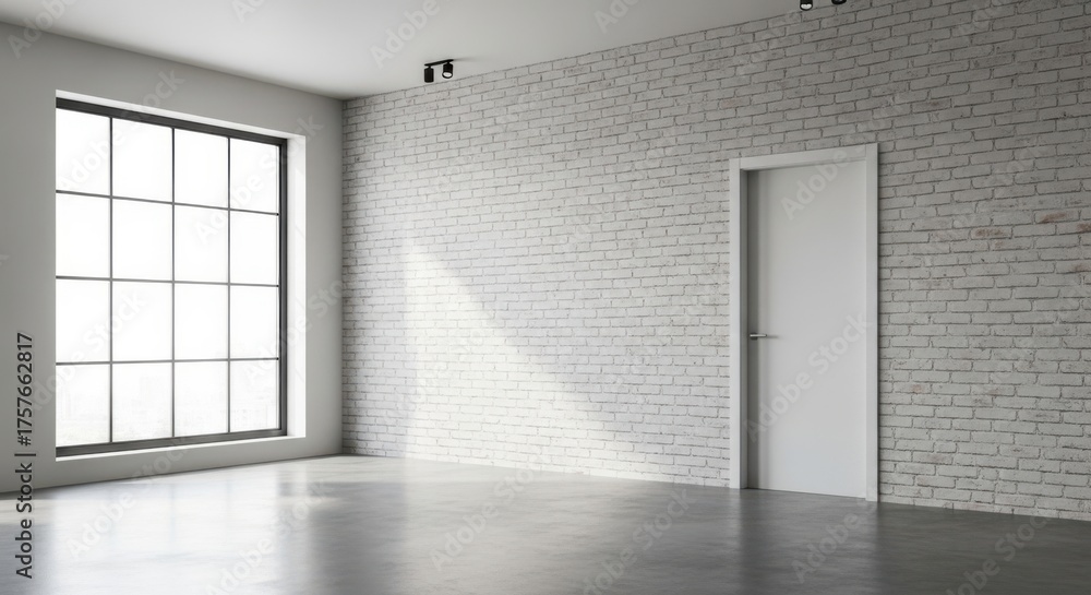 Obraz premium Minimalist modern interior with large industrial window and concrete walls clean empty space