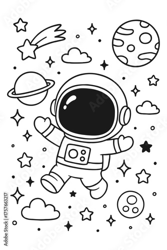 Comic space vector illustration set with cartoon funny astronaut character design and sketch art for child use