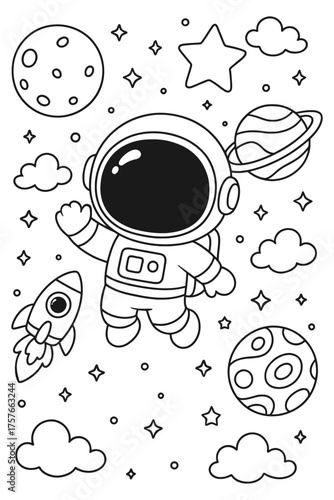 A hand drawn set of cartoon comic - Space astronaut doodle coloring