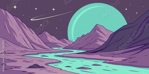 Dreamy alien planet landscape, glowing planet over alien desert, meteor in starry sky, sci-fi vector design for games.