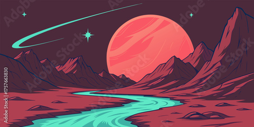 Alien planet landscape, glowing massive planet over desert, meteor streaking across starry sky, dreamy cosmic fantasy, sci-fi vector.