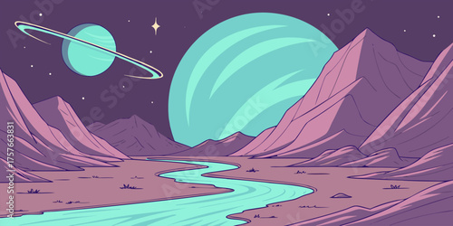 Alien desert landscape with glowing planet, meteor in starry sky, dreamy cosmic fantasy, sci-fi vector background for games.