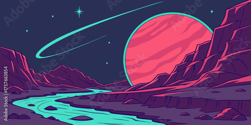 Massive glowing alien planet over desert, meteor streaking through starry sky, mysterious cosmic scene, dreamy sci-fi vector design.