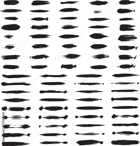 Collection of diverse black brush stroke textures and abstract artistic paint marks on white background