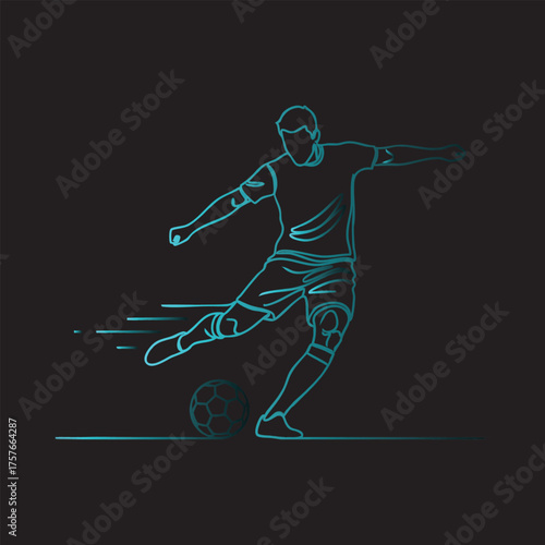 Dynamic soccer player kicking ball action silhouette with neon green and blue glow effect vector