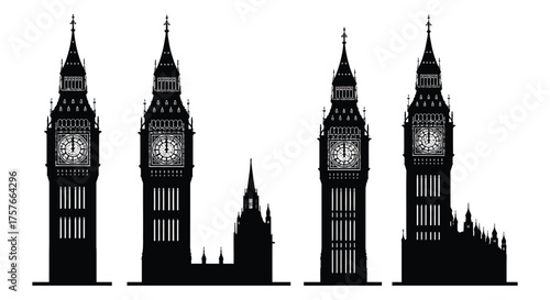 A collection of iconic big ben clock tower silhouettes against a white background representing london landmarks silhouette