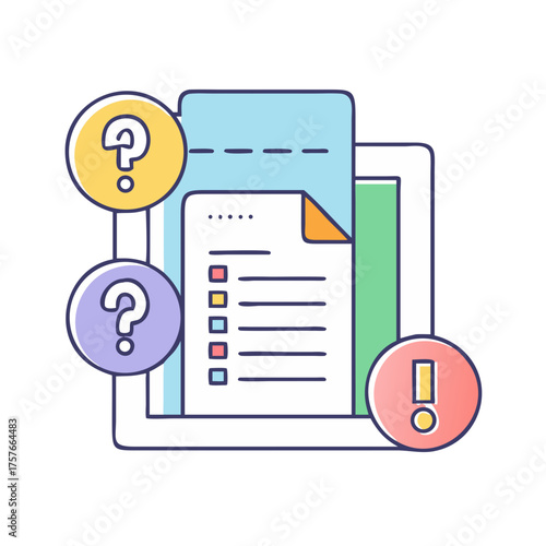 Checklist with questions and alerts, an illustration for problem solving and debugging
