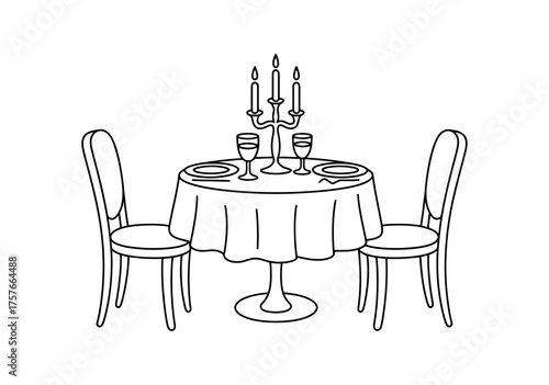 Vector art of romantic dinner table for two in line art style