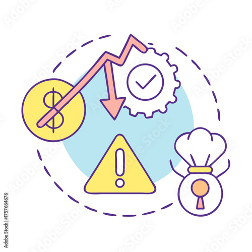 Illustrated economic downturn with warning sign, finance and management concepts