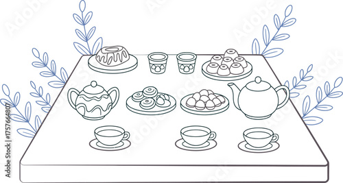 Vector art of elegant tea party illustration with teapot, cups, and pastries
