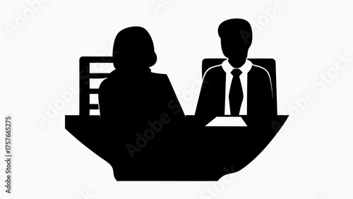 Silhouette illustration of two people sitting at a desk in a business meeting or interview setting