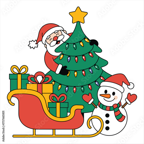 Joyful christmas scene with santa claus sleigh gifts and snowman festive holiday decoration