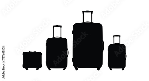 Collection of four black rolling luggage bags in varying sizes presented as a clean silhouette against a white background silhouette