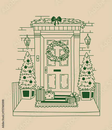 Christmas composition featuring a wreath decorated front door, spruces and gift boxes on the porch. Whimsical, hand drawn vector doodle illustration for festive atmosphere.