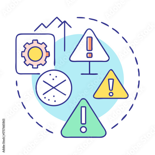 Warning icons representing safety, settings, progress, and potential hazards depicted in a circle