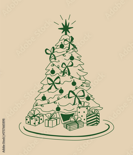 Illustration of Christmas tree with garlands, balls, bows, and gift boxes. Whimsical vector hand drawn doodle illustration for festive atmosphere.