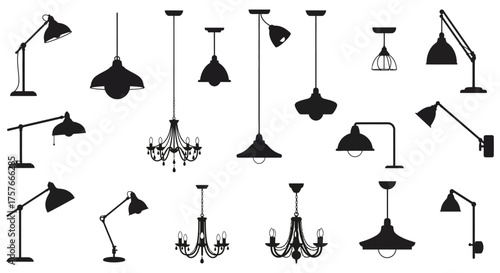 Collection of various hanging and standing lamps and chandeliers in a clean silhouette style