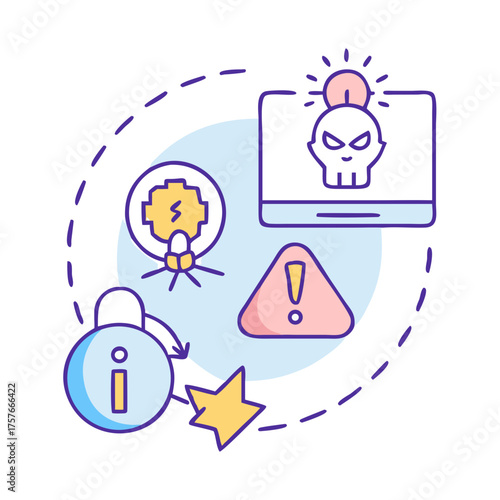 Cybersecurity alert illustration showing vulnerability, threat, warning, and system compromise