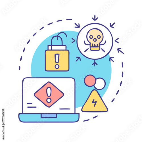A stylized depiction of various digital threats and security vulnerabilities