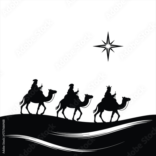 Three wise men camel silhouettes following bright star silhouette on sandy hill