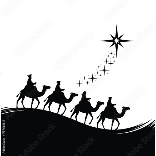 Three wise men silhouettes on camels following the star of bethlehem journey nativity scene