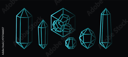 Collection of glowing geometric crystals and minerals with neon outlines on a vector
