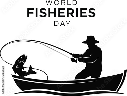 Silhouette of a fisherman catching a fish in a boat for world fisheries day