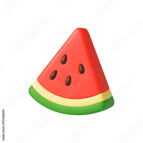 A digitally rendered watermelon slice with red flesh and black seeds on a black background image art