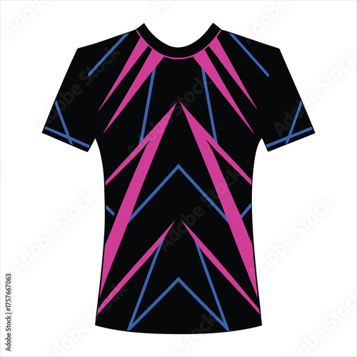 A modern t-shirt design featuring a bold geometric pattern with vibrant pink and blue lines on a sleek black backdrop. Isolated on white background, easy to customize.
