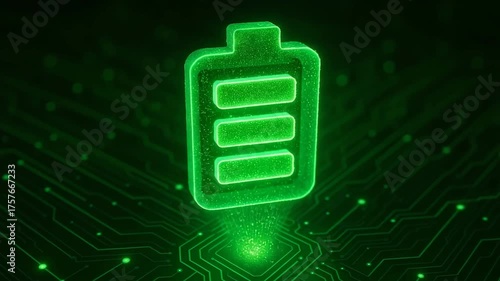 A glowing green battery icon symbolizes energy and sustainability amidst technological circuits, representing eco-friendly power solutions.