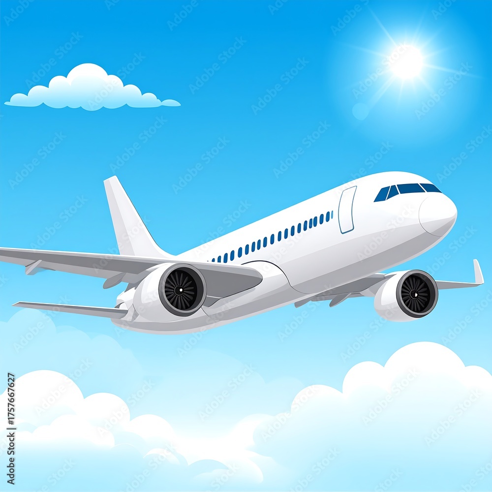 Fototapeta premium A white aircraft soars through a bright blue sky, surrounded by fluffy clouds