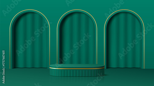 3D green podium with arch and curtains in niche and round column platform, vector background. Green podium stage, display pedestal or product showcase with arches in golden frames and curtain drapes