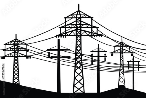 Silhouette of multiple high voltage electricity pylons and power lines against a bright sky