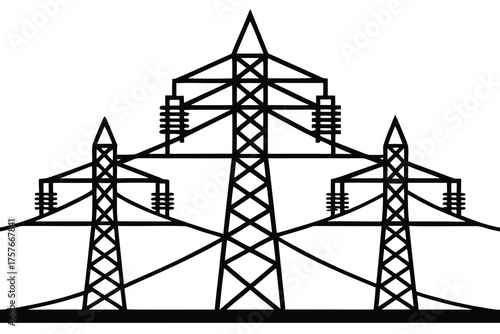 Symmetrical arrangement of three tall metal lattice electricity pylons carrying power lines against a white background