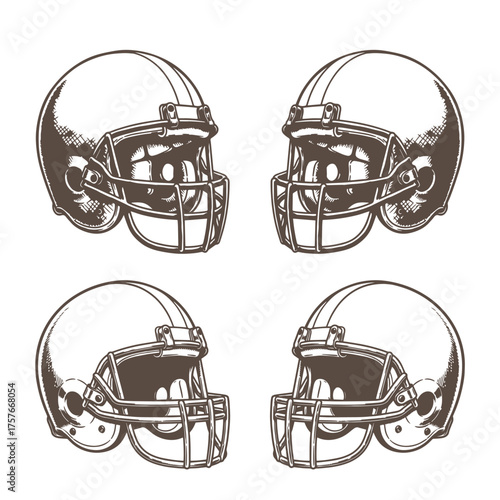 Four detailed american football helmets facing different directions silhouette