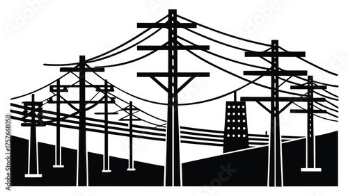 A network of electrical power lines and utility poles silhouetted against a bright sky