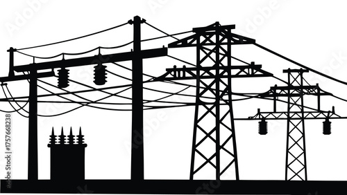 Silhouette of a complex electrical substation with high voltage power lines and transmission towers against a white background
