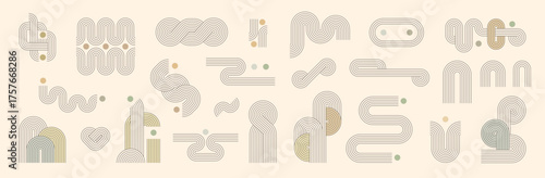 Zen arch elements with line pattern. Modern geometric design combines retro rainbow organic form, loop and wave, knot or arch, circle, heart and vertical column. Nordic inspired boho balance elements