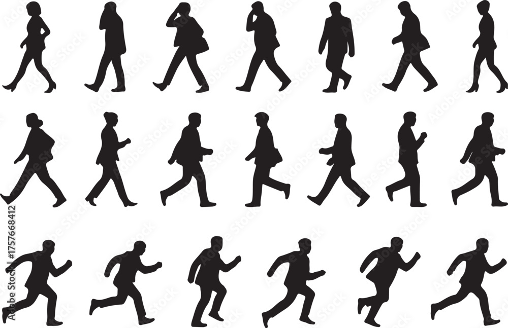 Fototapeta premium Silhouettes of Walking and Running People