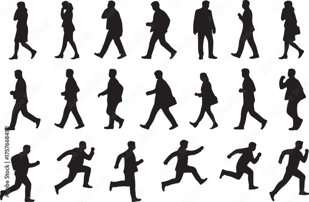 Fototapeta premium Silhouettes of people walking and running