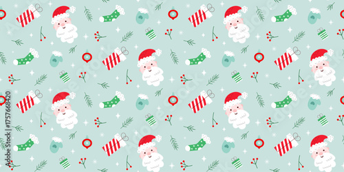 Seamless vector pattern in doodle flat style on  blue background. Christmas pattern with santa, gifts, socks, mittens, spruce branches. Ornament for wrapping paper, textile, fabric, web. Doodle style.
