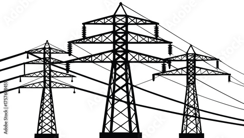 Silhouette of three tall electricity pylons with power lines against a bright white background