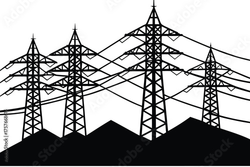 Silhouette of multiple high voltage electricity pylons against a white background with dark landscape below
