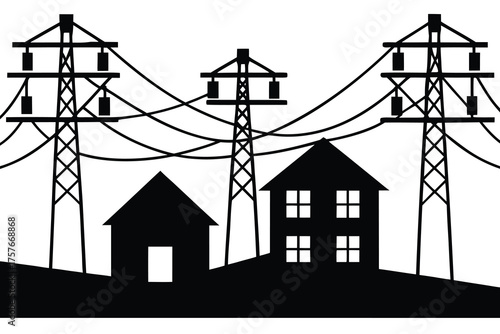 Silhouette of residential houses and power lines against a bright sky symbolizing energy infrastructure