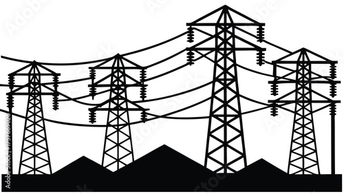 Silhouette of multiple tall electricity pylons and power lines against a dark background